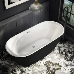 Arezzo Matt Black Freestanding Modern Bath With Chrome Waste 1650 X 750 X 570mm -Deals Accessory Ranges Store azmb16bthc d1